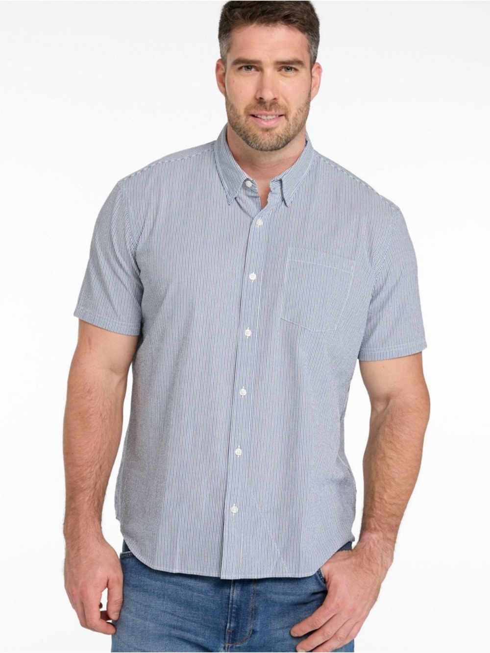 L.L.Bean Blue and White Seersucker Button Up Shirt Blue and White Thin Stripes